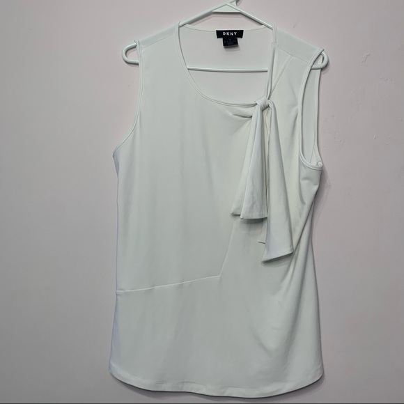 DKNY White Asymmetric Tie-Neck Blouse Sleeveless - Picture 5 of 9